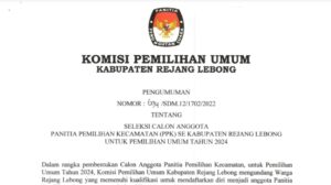 Pengumuman KPU Rejang Lebong Tentang Pendaftaran Calon Anggota PPK Pemilu 2024